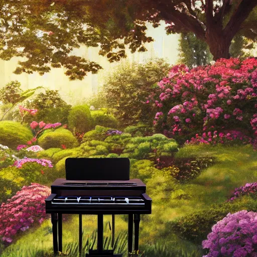 Prompt: A painting of an old piano in the middle of a garden by Hayao Miyazaki, 8K concept art, dreamy, garden, bushes, flowers, golden hour, vintage camera, detailed, UHD realistic faces, award winning photography, cinematic lighting