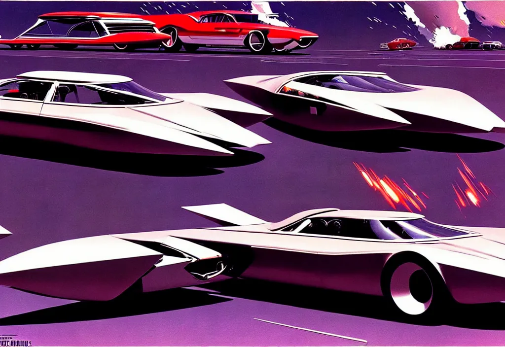 Image similar to an extremely complex and advanced car from the 1960s, extreme plus resolution fantasy concept art, intricate details to everything visible, sharp lighting, Dramatic light by Denis Villeneuve, strong emphasis on Syd Mead and Robert McCall