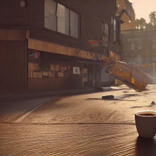 Image similar to : sloppy old cup of coffee spilling everywhere unrealengine ,cinematic, hyper realism, high detail, octane render, 8k