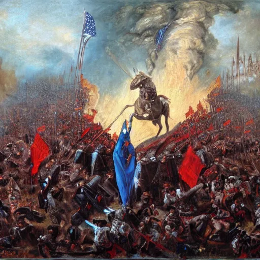 Prompt: Joe Biden leads the armies of hell, oil on canvas, 1883