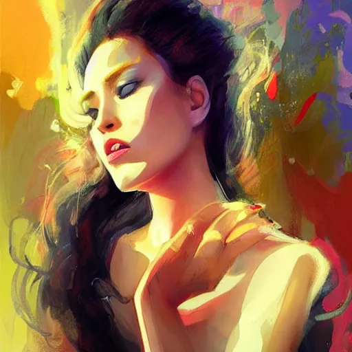 Image similar to electric woman with eyes closed, cute - fine - face, pretty face, oil slick hair, realistic shaded perfect face, extremely fine details, realistic shaded lighting, dynamic background, artgerm, 8 k ultra realistic, highly detailed, art by sylvain sarrailh, alena aenami, jeremy lipkin, michael garmash, ando tadao, kan liu