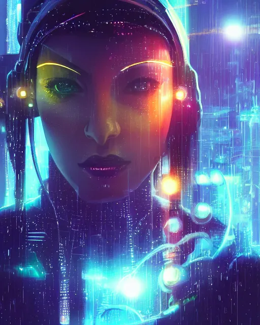 Image similar to a cyberpunk close up portrait of enchanting cyborg athena, electricity, rainbow, sparks, bokeh, soft focus, sparkling, glisten, water drops, cold, dark, geometric, temples behind her, by paul lehr, jesper ejsing