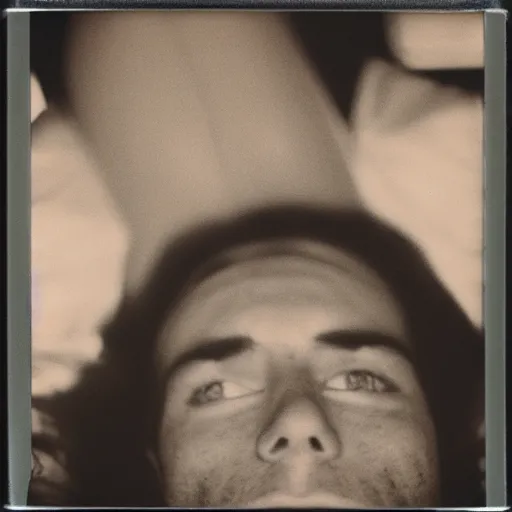 Prompt: soft polaroid photo of man that just woke up and lying in his bed, cinestill 800t, wide angle lens