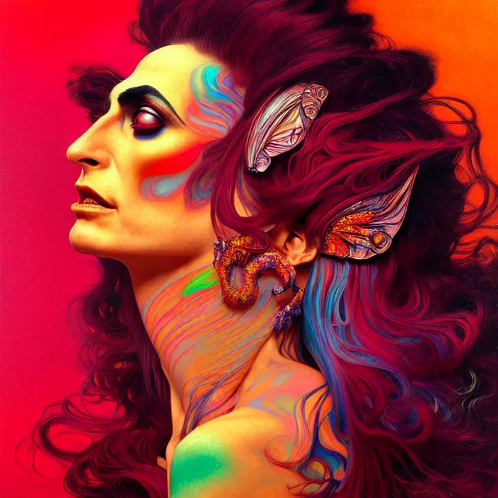 Image similar to bright psychedelic portrait of DIAMANDA GALAS, diffuse lighting, fantasy, intricate, elegant, highly detailed, lifelike, photorealistic, digital painting, artstation, illustration, concept art, smooth, sharp focus, art by John Collier and Albert Aublet and Krenz Cushart and Artem Demura and Alphonse Mucha