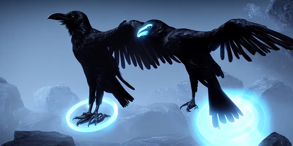 Prompt: black raven with glowing magic ring around neck stylized fantasy illustration HD, high quality, highly detailed, unreal engine, 4K quality