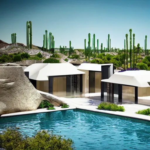 Image similar to architectural rendering of habitat 6 7 in the desert, biophilia mood, pool, garden, highly detailed, cinematic,