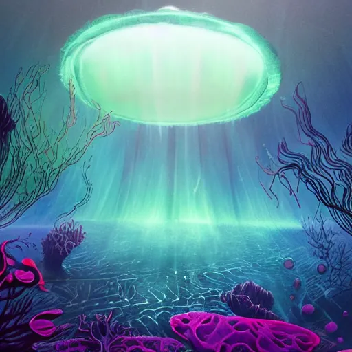 Image similar to an underwater alien ocean, filled with bioluminescence, twirling glowing sea plants, neon colors, and a mystical misty glow, ethereal, detailed, fantasy illustration, dark brooding and eerie
