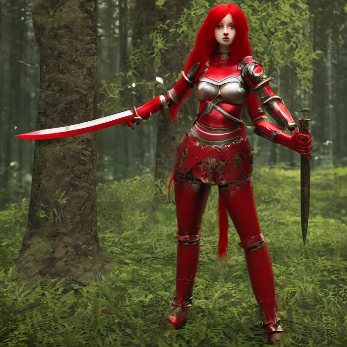 Prompt: a girl with long red hair wearing a red plate armor and holding a big red toothed sword in a forest, 3d render, octane render, unreal engine 5, 8k hdr, hyperrealistic, highly detailed, high quality, concept art, trending on Artstation, full-body armor,