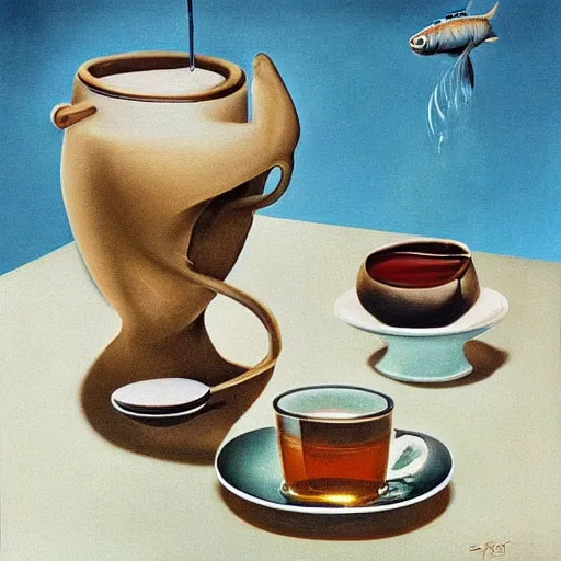 Prompt: a real fish is drinking from a cup of tea, photorealism, by salvador dali