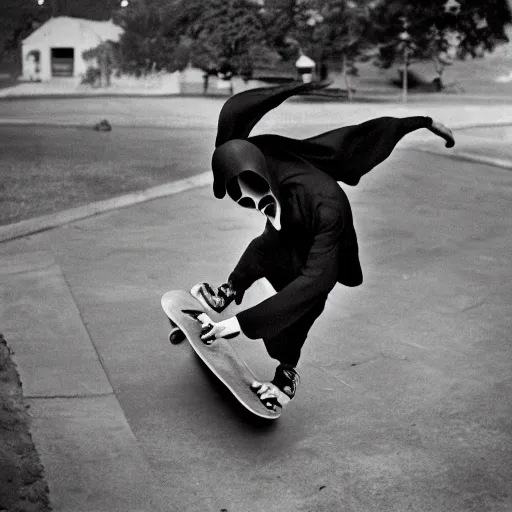 Image similar to old photo of the Grim Reaper doing a kickflip