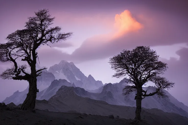 Image similar to landscape photography by marc adamus, mountaiins, a dramatic lighting, mountains, a tree in the foreground