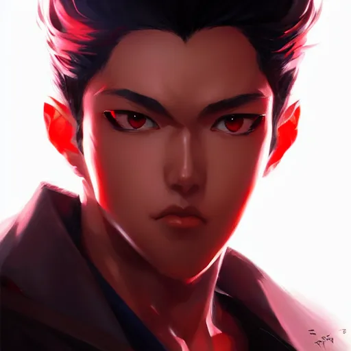 Image similar to anime portrait of a slick black hair guy with red eyes by stanley artgerm lau, wlop, rossdraws, james jean, andrei riabovitchev, marc simonetti, and sakimichan, trending on artstation