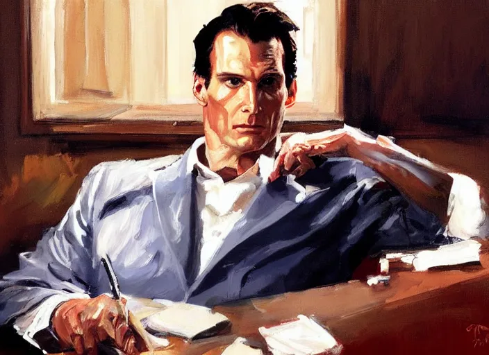 Prompt: a highly detailed unsettling portrait of american psycho patrick bateman, by gregory manchess, james gurney, james jean