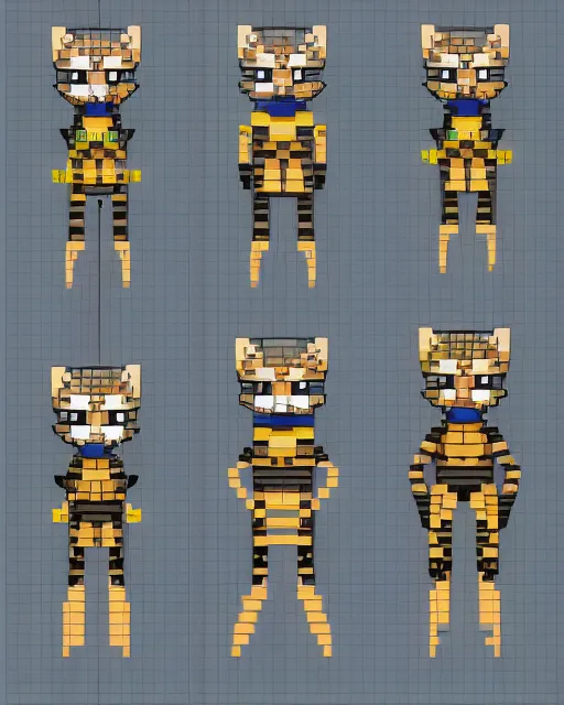 Prompt: spritesheet pixel art of feline alien main character, isomorphic top down view, transparent