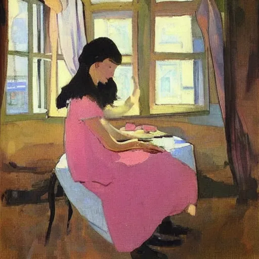 Prompt: a girl in a pink dress with folded hands on a table with iphones on a table sits at a table in a sunny room and looks at the camera, the window is open, by valentin serov