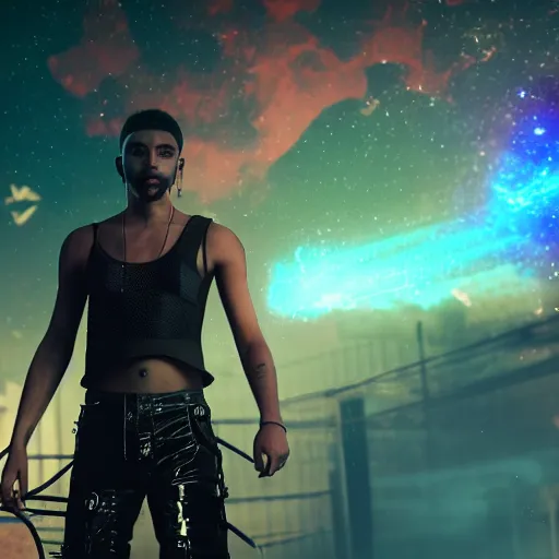 Image similar to A beautiful boy wearing a black mesh crop top and black shorts standing in a mad max cage. The boy is surrounded by a colorful nebula. Cyberpunk, Digital Art, unreal engine 5, 50mm, f2.8