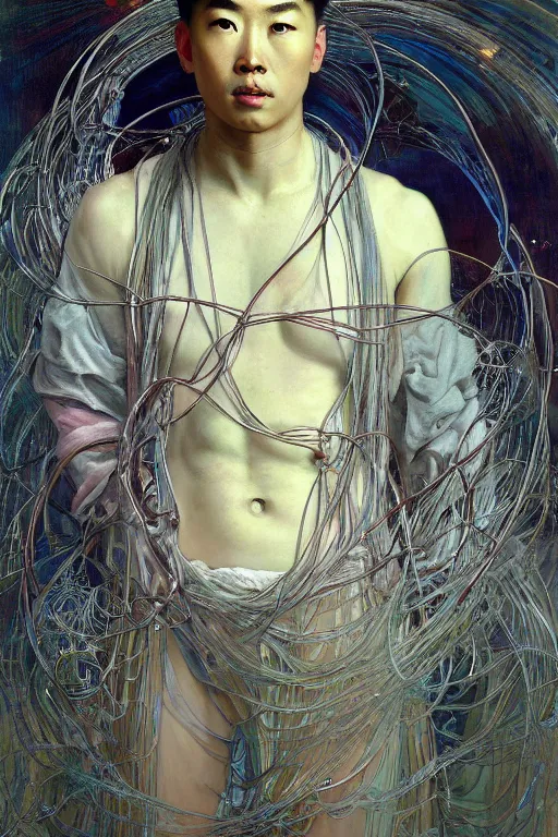 Image similar to hyperrealist portrait of an attractive angelic asian man, it is decorated with long wires that fall like vines and wears small computers over their body. by jeremy mann and alphonse mucha, fantasy art, photo realistic, dynamic lighting, artstation, poster, volumetric lighting, very detailed faces, 4 k, award winning