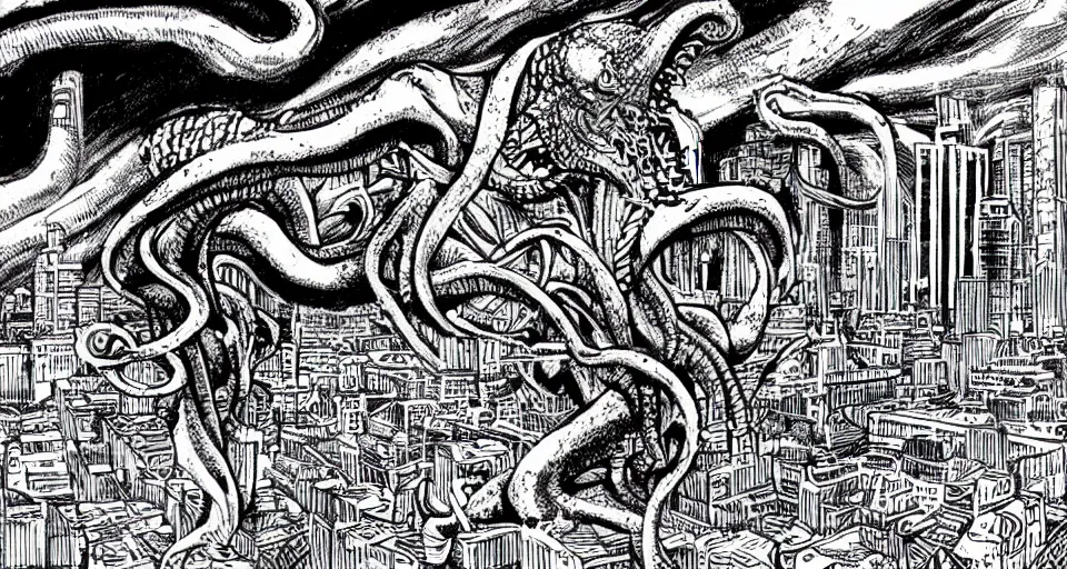 Image similar to cthulhu attacking a detailed cityscape, horror, lovecraftian, in the style of junji ito, lineart, manga, shirow masamune
