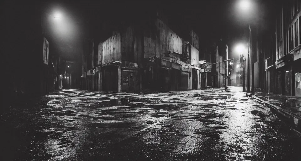 Prompt: a cinestill photo of an abandoned city street, wet streets, nighttime