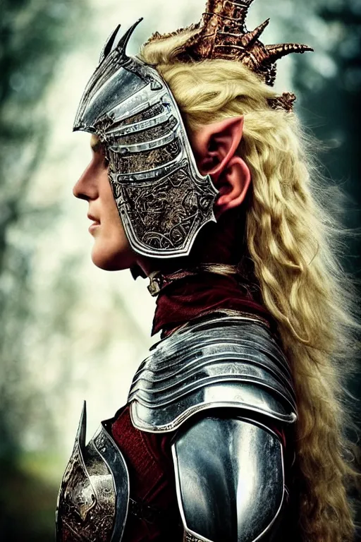Image similar to head and shoulders portrait of an eldritch knight, elf, beautiful, female, breastplate, magical, high fantasy, d & d, by annie liebovitz, face details, extremely detailed, vogue fashion photo