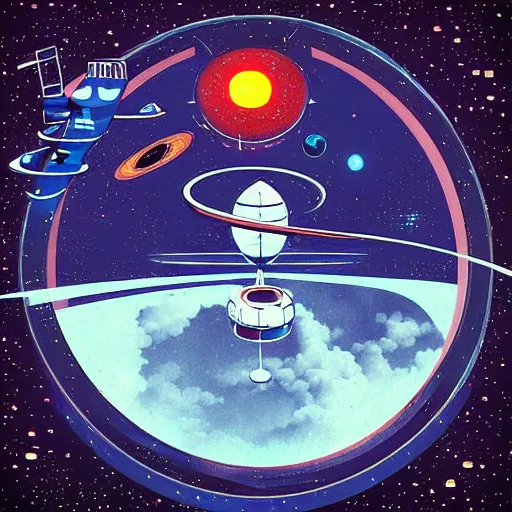 Prompt: “retro sci fi poster depicting a space station in orbit. In the style of stoner rock album.”