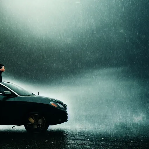 Image similar to a photo of heavy rain on a man sitting on a car in a sunken city, outdoor lighting, dynamic lighting, volumetric, wide angle, anamorphic lens, go pro, 4k