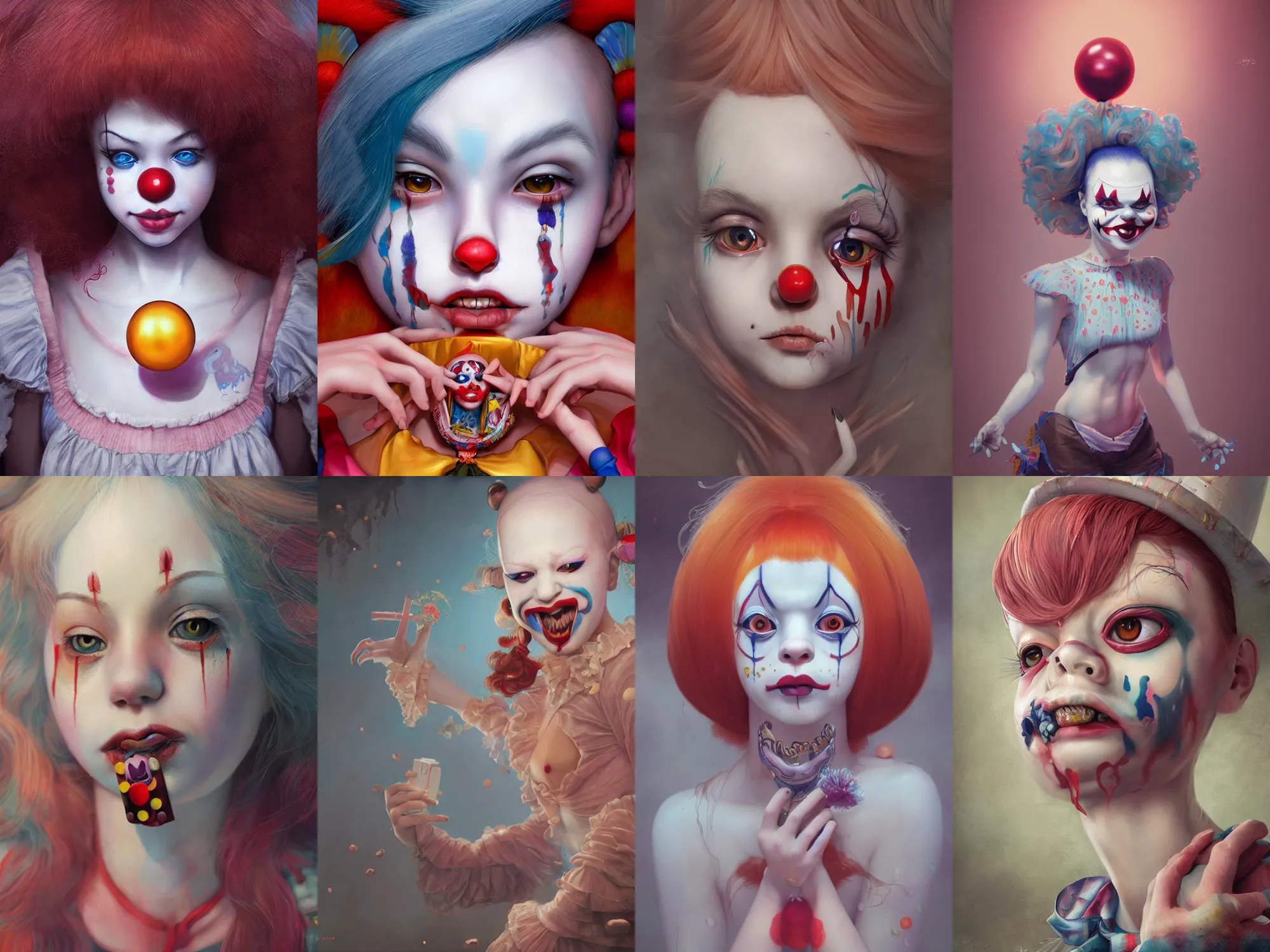 Image similar to breathtaking detailed painting of clown girl , with anxious, piercing eyes, Atari game cover art by Hsiao-Ron Cheng, James jean, Miho Hirano, Hayao Miyazaki, extremely moody lighting, hyperrealistic, octane render, RPG portrait, ambient light, dynamic lighting