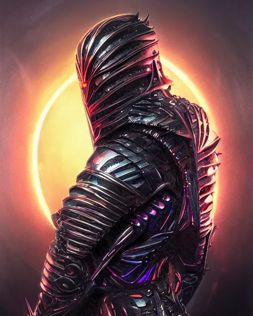 Prompt: the omnipotent assassin, vivid award winning digital artwork, intricate black sharp iridescent hooded semi - cybernetic armour, beautiful iridescent technology and weapon, long spikes, glowing face, detailed realistic, specular colors, ornate colored gems, character art by greg rutkowski and artgerm