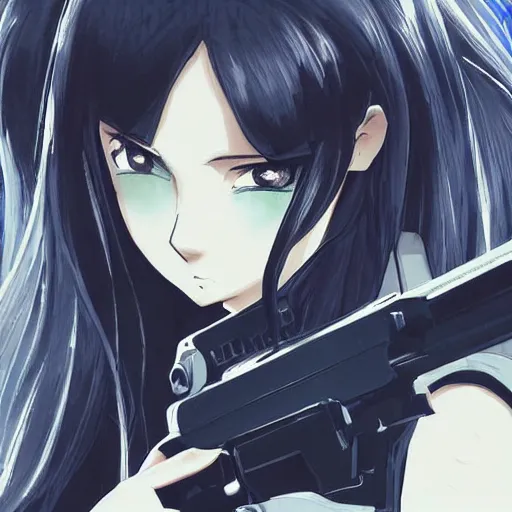 Prompt: upper body portrait of a beautiful girl with long black hair, wearing black riot gear, holding AR-15, drawn by Makoto Shinkai, in the style of Studio Key, attractive character, colored sketch anime manga panel, trending on Pixiv