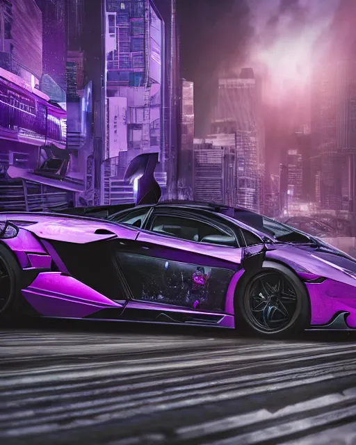 Image similar to hyper detailed purple lamborghini transformer, mecha cyberpunk city street background, 8 k photograph, dramatic lighting,