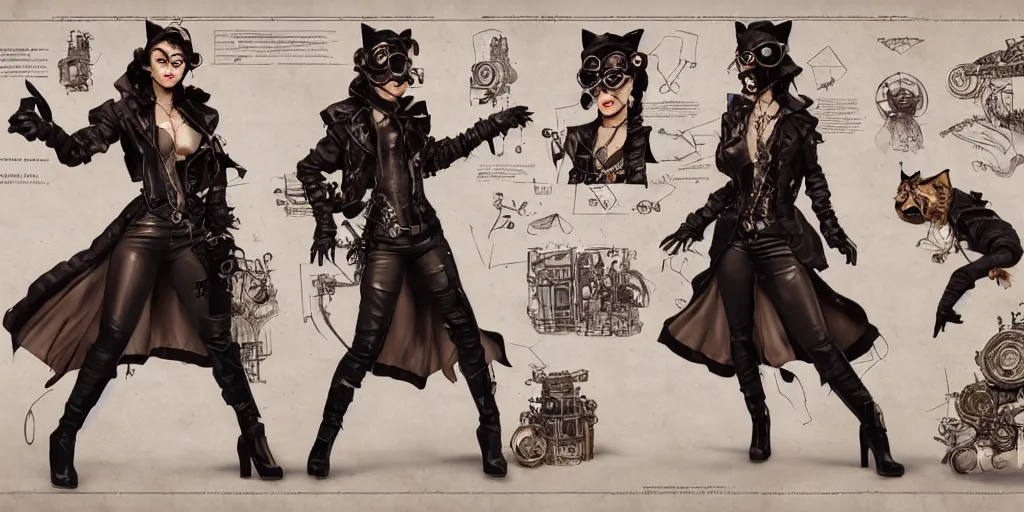 Image similar to steampunk catwoman, character sheet, concept design, contrast, kim jung gi, greg rutkowski, zabrocki, karlkka, jayison devadas, trending on artstation, 8 k, ultra wide angle, pincushion lens effect