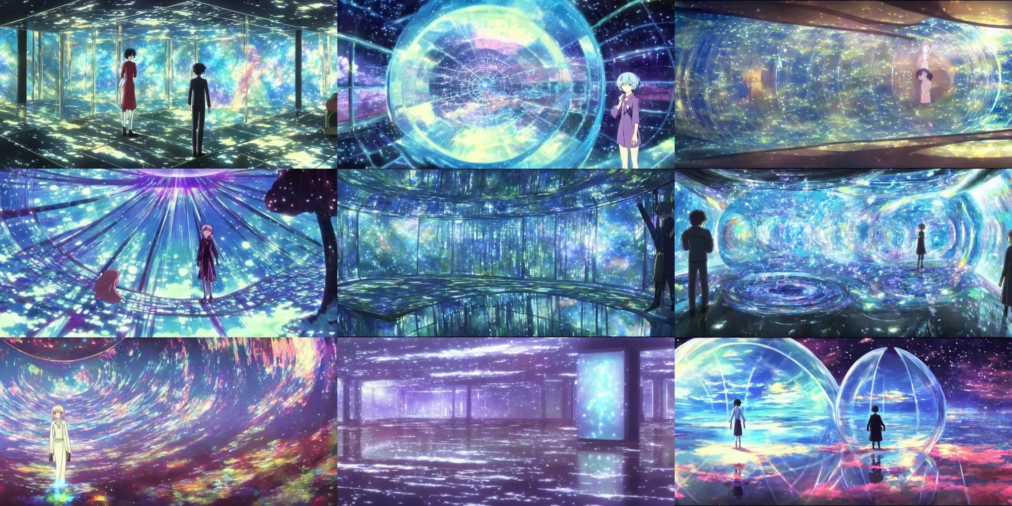 Prompt: a painting of inside the glass prism ; a beyond - dimensional fantasy world, in a screenshot from the science fiction anime film