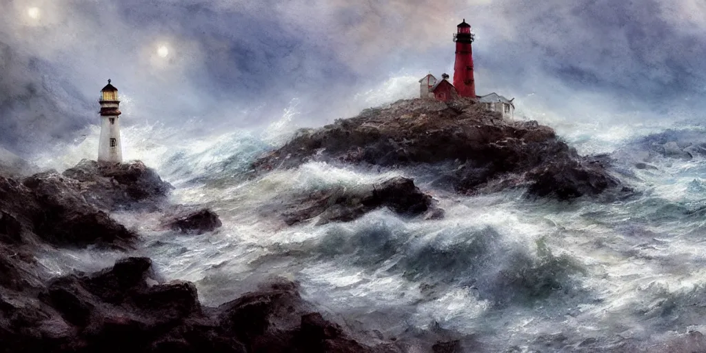 Prompt: a watercolor painting of a single lighthouse in a small rocky island during a violent storm by craig mullins, high quality, highly detailed, digital painting, masterpiece, turbulent sea, dramatic lighting, cinematic, centered, watercolor, william turner style, 4 k