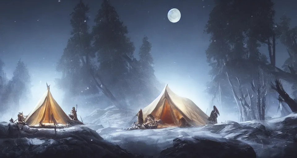 Image similar to an epic fantasy adventurer's camp with a hide tent at night with a full moon, 4 k, extremely detailed. award winning, trending on artstation, 8 k, ultra wide angle