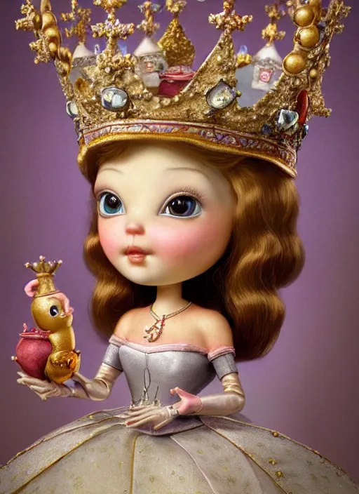 Image similar to highly detailed closeup, profile portrait of a tin toy fairytale princess wearing a crown, unreal engine, nicoletta ceccoli, mark ryden, earl norem, lostfish, global illumination, detailed and intricate environment