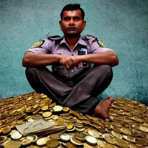 Prompt: photograph of a corrupted Bangladeshi Police officer sitting on a huge pile of cash, gold and coins