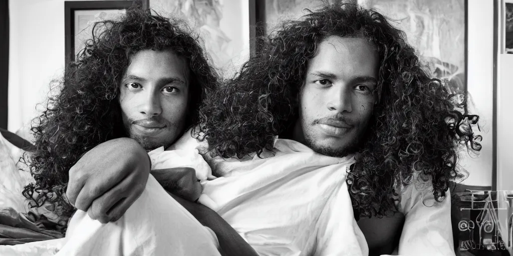 Image similar to a black and whirte portrait of a handsome guy posing in an east village bedroom, morning light, natural, long, brown curly hair, by larry clark award winning photograph