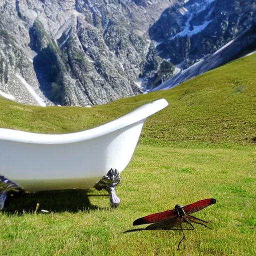 Image similar to dragonfly in a bathtub in the alps, goat!!!!!!!!!!!! herd!!! in background