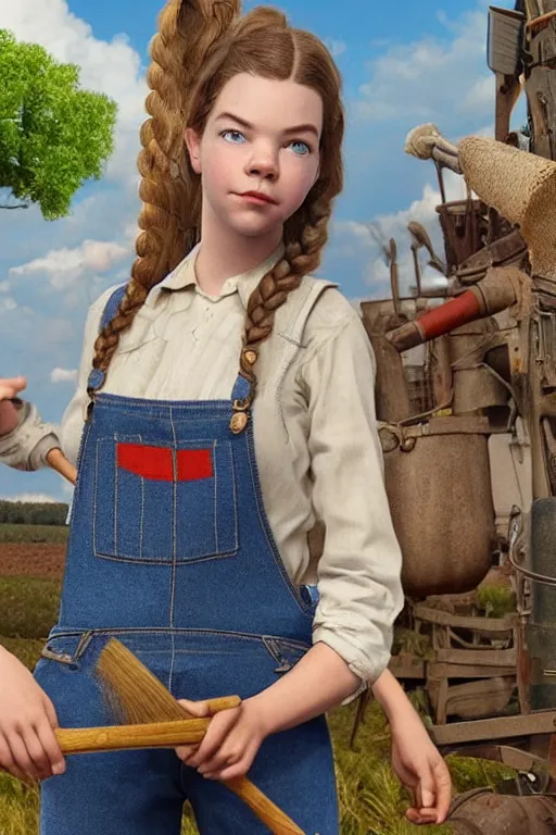 Prompt: complete view of the 3 d character design of a beautiful female young farmer with long brown braided hair and the face of anya taylor joy, wearing blue jean overalls and holding a pitchfork, in the style of pixar, disney