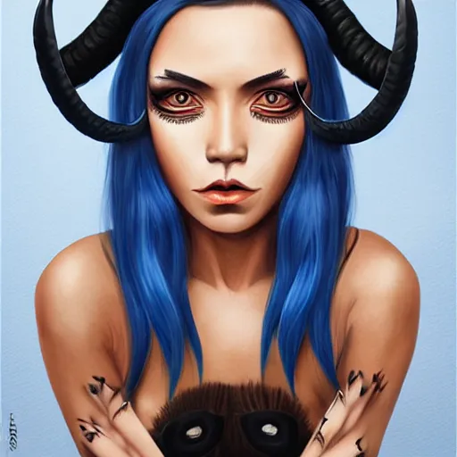 Image similar to illustrated realistic portrait of ram-horned devil woman with blue bob hairstyle and her tan colored skin and with solid black eyes wearing leather by rossdraws