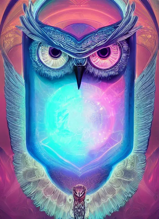 Image similar to symmetry!! product render poster vivid colors divine proportion owl, scifi, glowing fog intricate, elegant, highly detailed, digital painting, artstation, concept art, smooth, sharp focus, illustration,