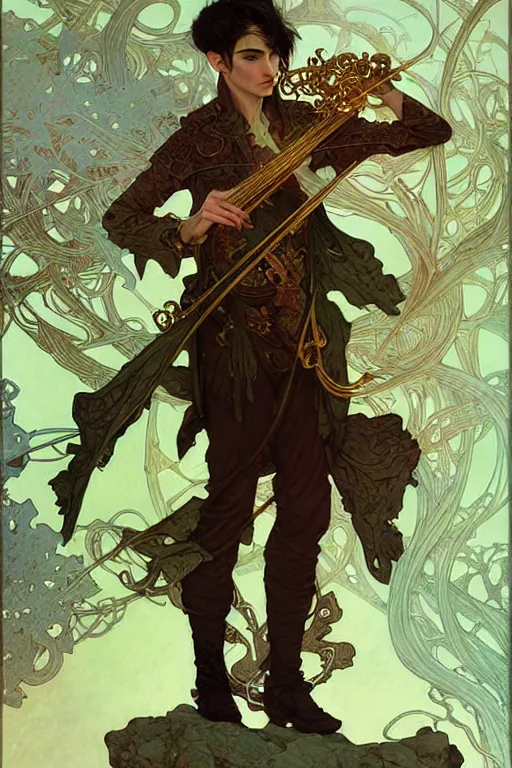 Image similar to thin young male bard, green long straight hair, fantasy, highly detailed, intricate, smooth, art by joseph leyendecker, peter mohrbacher, ruan jia, marc simonetti, ayami kojima, cedric peyravernay, alphonse mucha, victo ngai