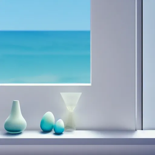 Image similar to perfume bottle on window sill in a pastel clean modern minimalist room with a view of the beach and blue skies in an easter - blue room well contoured smooth fair walls, up close shot, sharp focus, zen, clean, modern minimalist, octane highly render, 4 k, ultra hd,