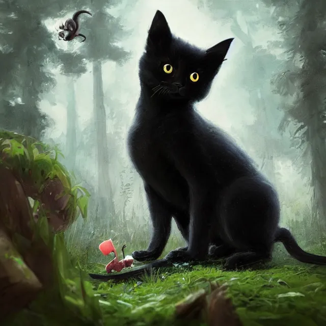 Prompt: a beautiful painting of a cute black kitten in a forest. trying to catch a grey mouse. disney character design by cory loftis, fenghua zhong, ryohei hase, ismail inceoglu and ruan jia. artstation, volumetric light, detailed, photorealistic, rendered in octane