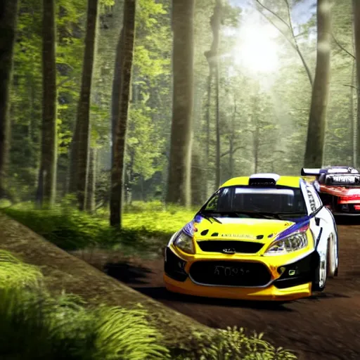 Prompt: 3 rally cars racing through a forest with a river behind them, sun shining through the trees, motion blur high detail ultra realistic