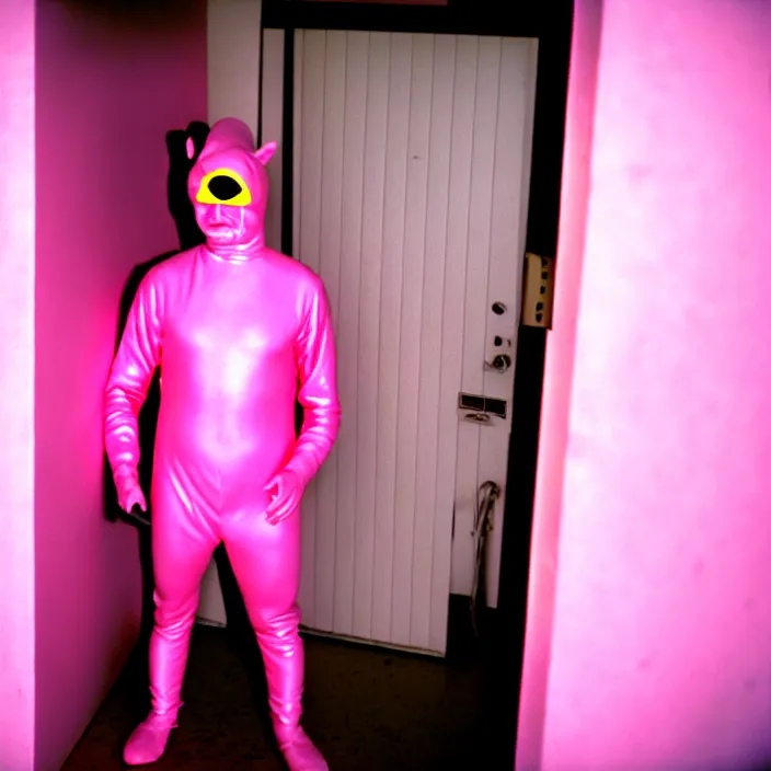 Image similar to a man in a pink morphsuit in a well - lit plain white hallway, double doors, orange eyes, linoleum floor, 3 5 mm, film shot, nightmare, horror