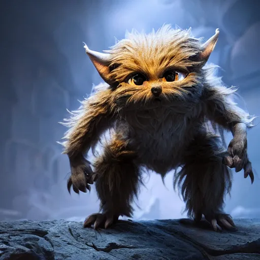 Image similar to full body pose, hyperrealistic photograph of a cute fuzzy goblin monster, dim volumetric lighting, 8 k, octane beautifully detailed render, extremely hyper detailed, intricate, epic composition, cinematic lighting, masterpiece, trending on artstation, very very detailed, stunning, hdr, smooth, sharp focus, high resolution, award, winning photo, dslr, 5 0 mm