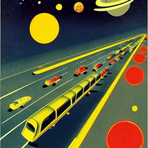 Image similar to a series of highways in outer space with cars on them, 1950s art deco poster, retrofuturism, edward hopper