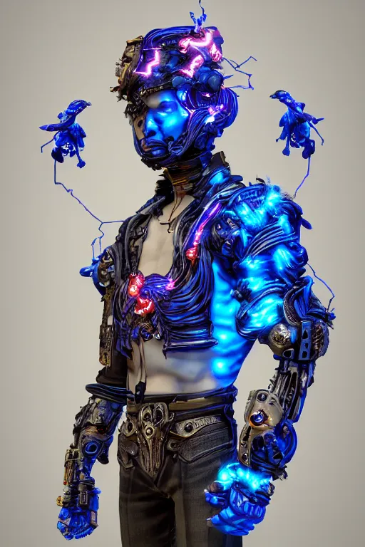 Image similar to full-body cyberpunk style sculpture of a young handsome Colombian prince half android with a chest opening exposing circuitry and electric sparks, glowing pink eyes, crown of blue flowers, flowing salmon-colored silk, fabric, raptors. baroque elements. full-length view. baroque element. intricate artwork by caravaggio. many many birds birds on background. Trending on artstation, octane render, cinematic lighting from the right, hyper realism, octane render, 8k, depth of field, 3D