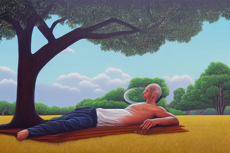 Image similar to painting of a peaceful man relaxing under a tree by alex grey, acrylic art, calm, soothing, cosy, elegant, soft light,